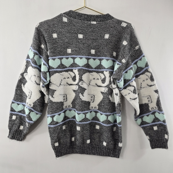 Arielle Vintage Dancing Elephants Happy Smiling VTG Hearts 80s 90s Sweater Sz M - Picture 9 of 10